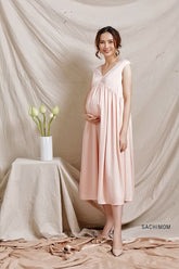 Silk Midi Dress with Pleated Empire Waist and Flowy A-Line Skirt